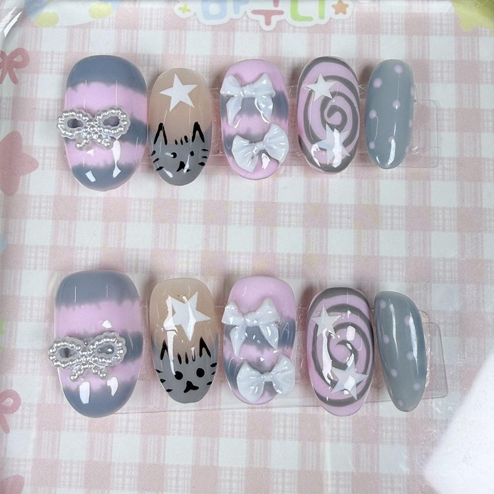 Cute Pink Rabbit Love Bear 3D Star Butterfly Knot Wing Dot Ellipse Fake Nails Birthday Gift Nail Art