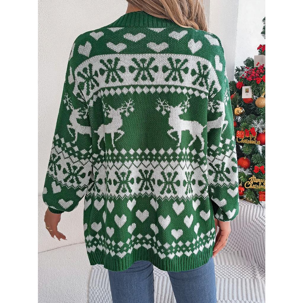 GMXIA Autumn Winter Christmas Reindeer Pocket Long-sleeved Cardigan Sweater Coat Women's Wear