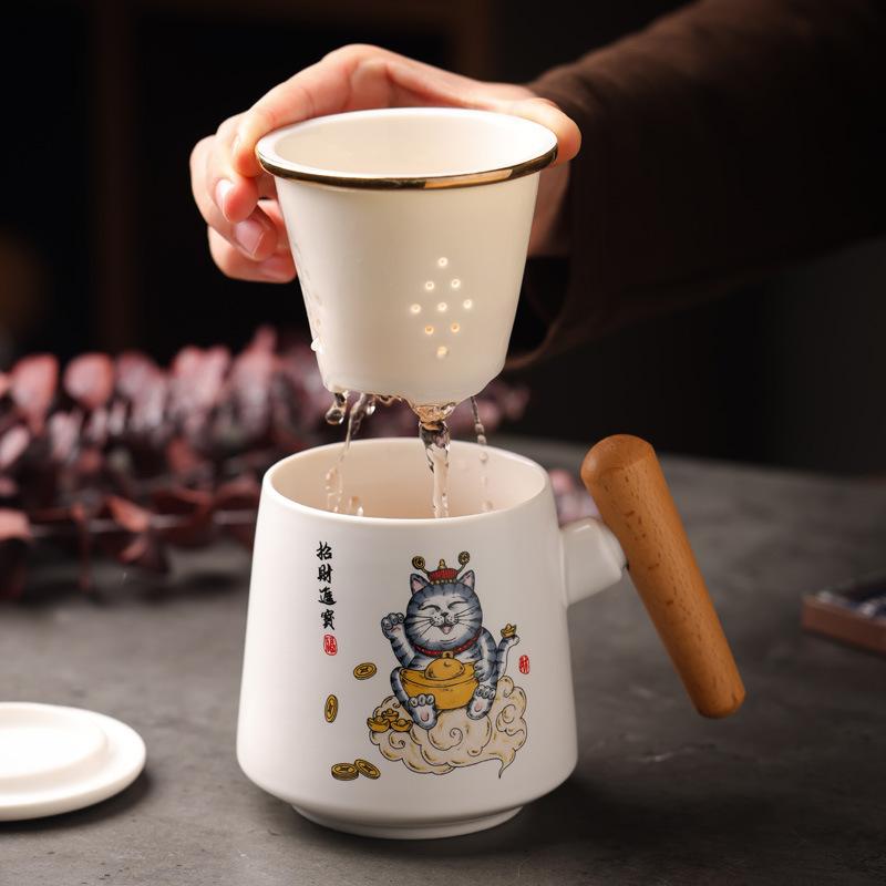 Lucky Cat Has A Bright Future Ceramic Cup, Cartoon Animal Cup Filter Cup As A Gift.