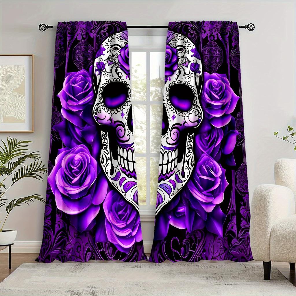 Purple Skull Rose Curtains Hd Digital Print Bedroom Study Office Window Decor Halloween Gothic Style Set Of 2 Made Polyester With Rod Pocket Sleeping