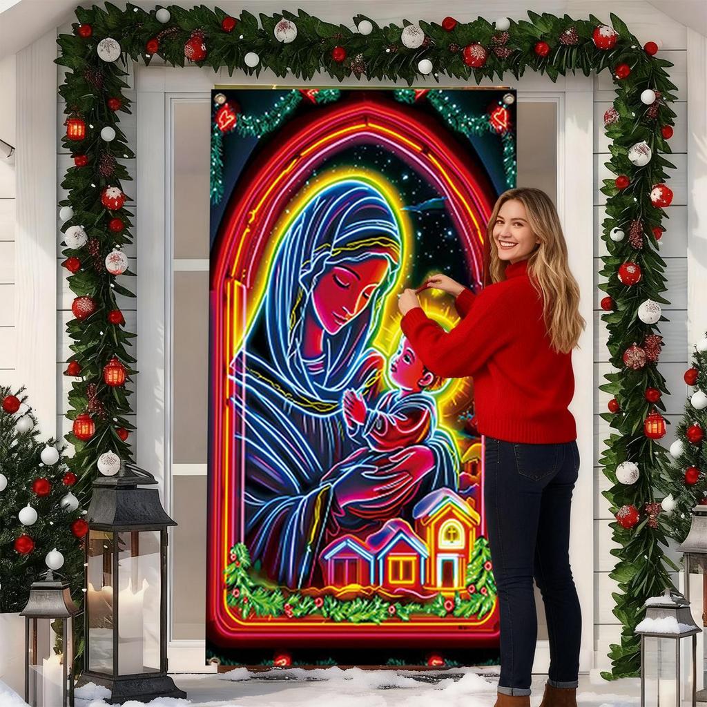 Christmas Door Cover Decoration Large Fluorescent Fabric Jesus Scene Covers Porch Sign Photography Background For Indoor Outdoor