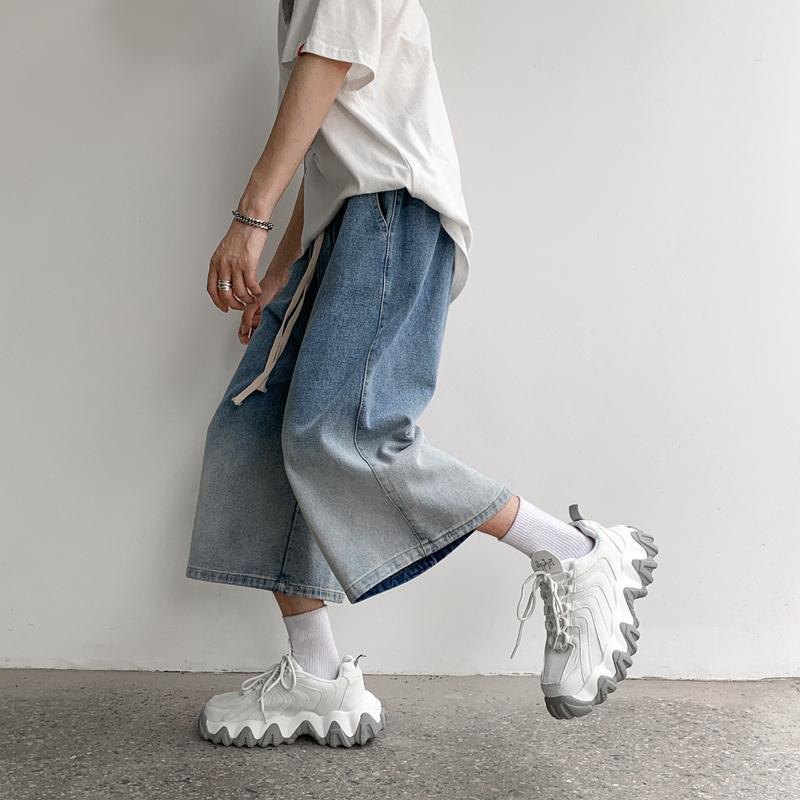 2023 Summer New Casual Calf-length Men's Jeans Pants Harajuku Elastic Waist Solid Color Baggy Jeans For Man