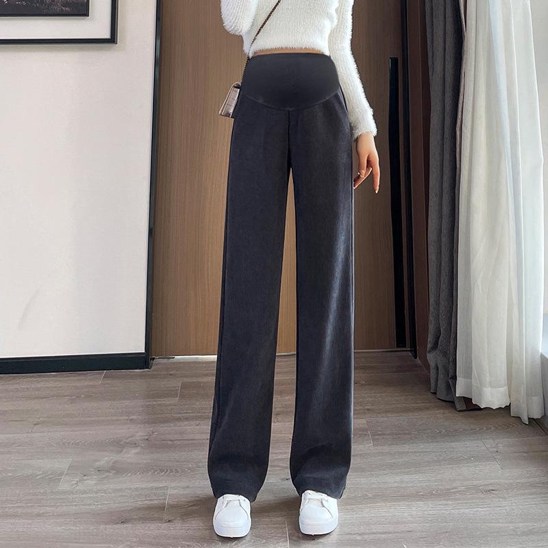 

Maternity Velvet Wide-Leg Pants - Narrow Fit, Tummy Support, Khaki, Cotton Blend, Spring/Autumn/Winter XL