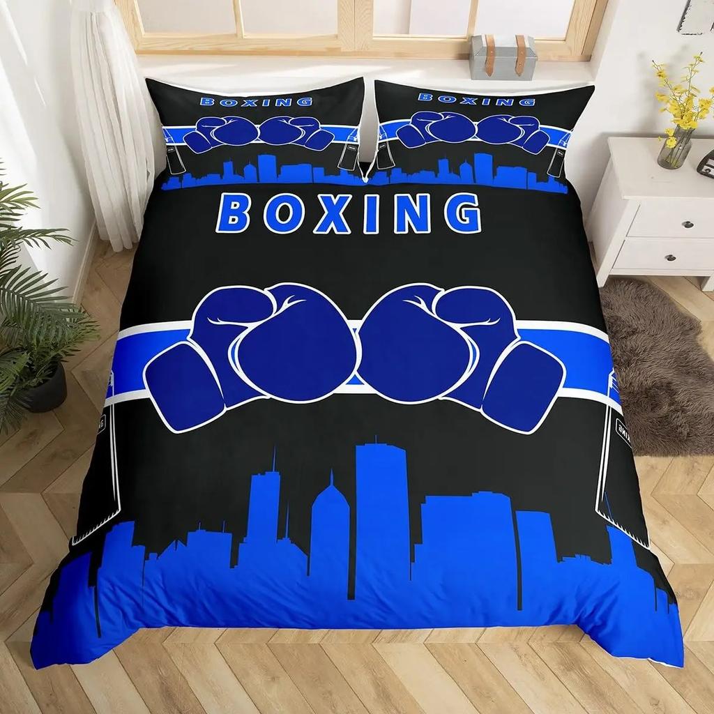 Boxing Sport Duvet Cover King Queen Golden Boxing Gloves Bedding Set Yellow Fire Print Comforter Cover Microfiber Quilt Cover