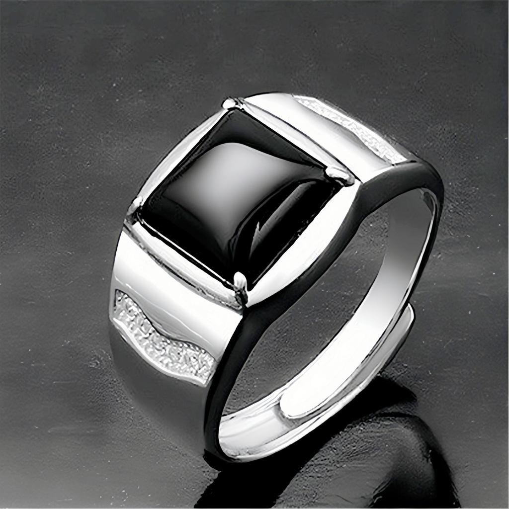 Men's Adjustable Black Agate Square Ring with Black Diamond - Korean Style and Smooth Finish