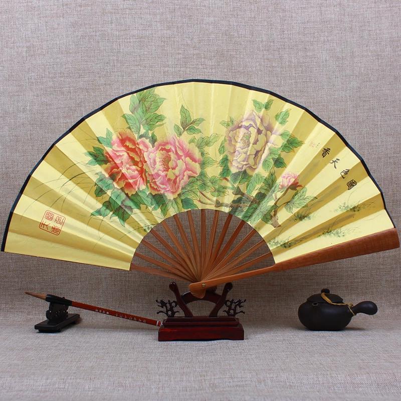 Chinese Style Fan Men Archaic Folding Fan 10-Inch Silk Large Silk Fan Classical Carving Folding Fan Cloth Retro Summer