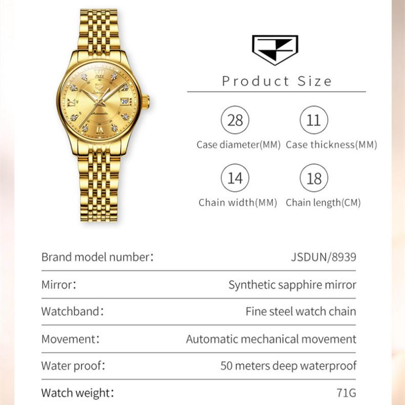 JINSHIDUN New Business and Leisure Ladies Watch Single Calendar Fully Automatic Mechanical Surface Luminous Waterproof High -end Watch
