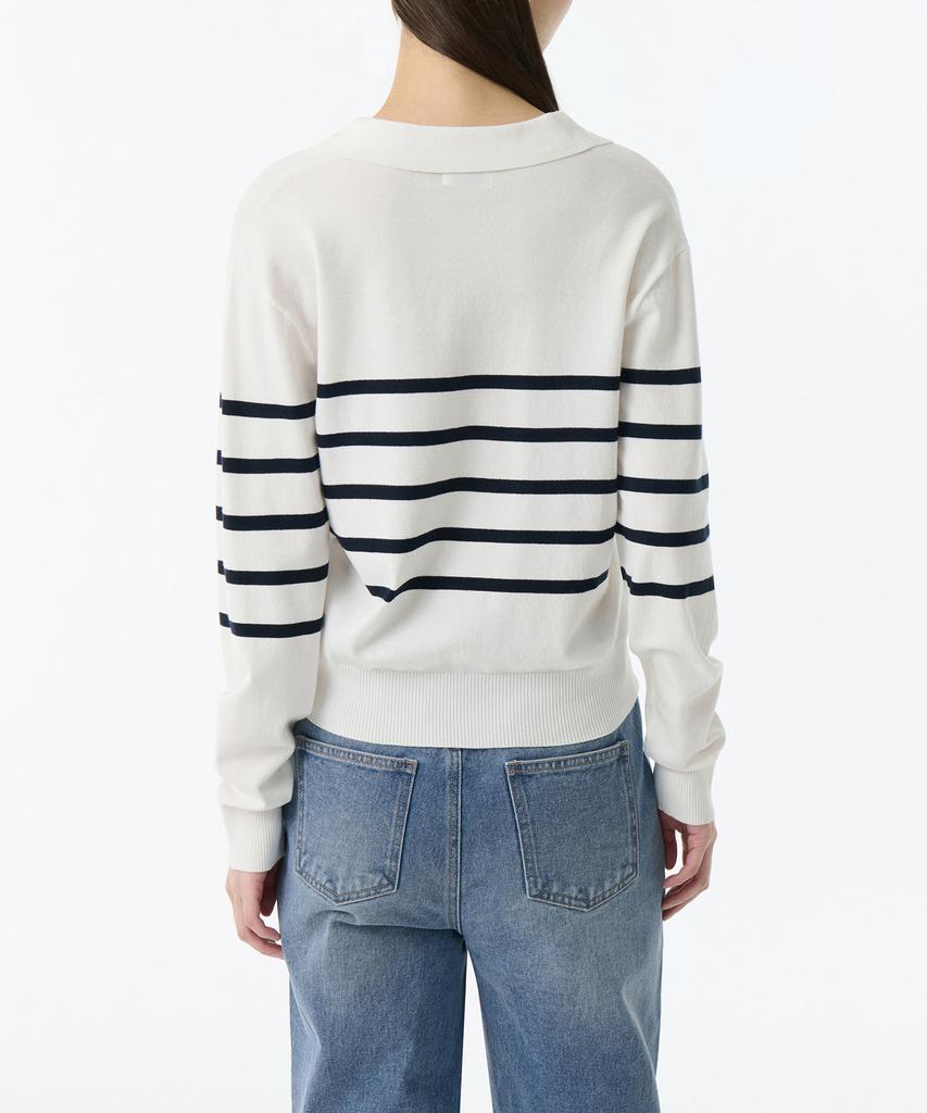 MUSINSA STANDARD WOMAN Women'S Striped Slit Neck Long Sleeve Knitted Polo Shirt [Ivory/Navy]