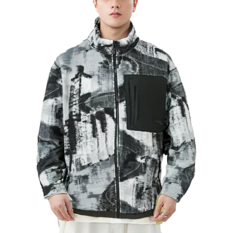 Anta Outdoor Serie Vollprint Gespleißte Reißverschluss Stehkragen Warme Dicke Sportjacke Herrenjacke Dunkel-Soja-Grau 152346701-3