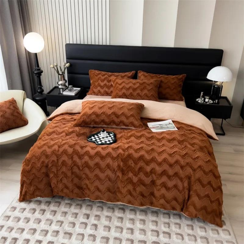 2025 New Autumn and Winter Simple Thickened Warm Wave Rabbit Fleece Four-piece Set - Bordeaux Series Sheet Sheet Sheet