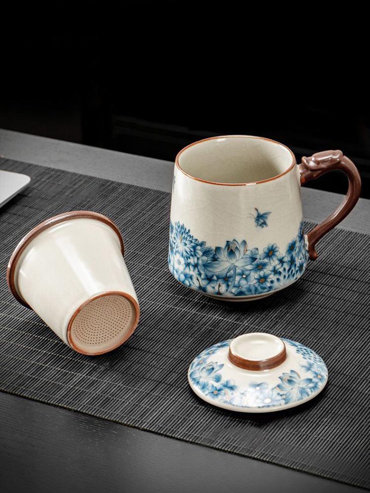 350ml Exquisite Blue & White Porcelain Tea Infuser Mug with Lid and Filter, Ceramic Water Separation Cup for Home Office Gifte