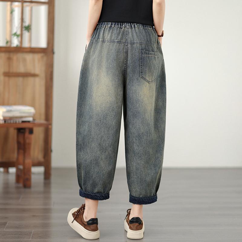 DIMANAF 2026 Été Nouveau Grande Taille Femmes Jeans Taille Élastique Imprimé Pantalon Long Lâche Décontracté Impression Denim Coton Pantalons Pantalon