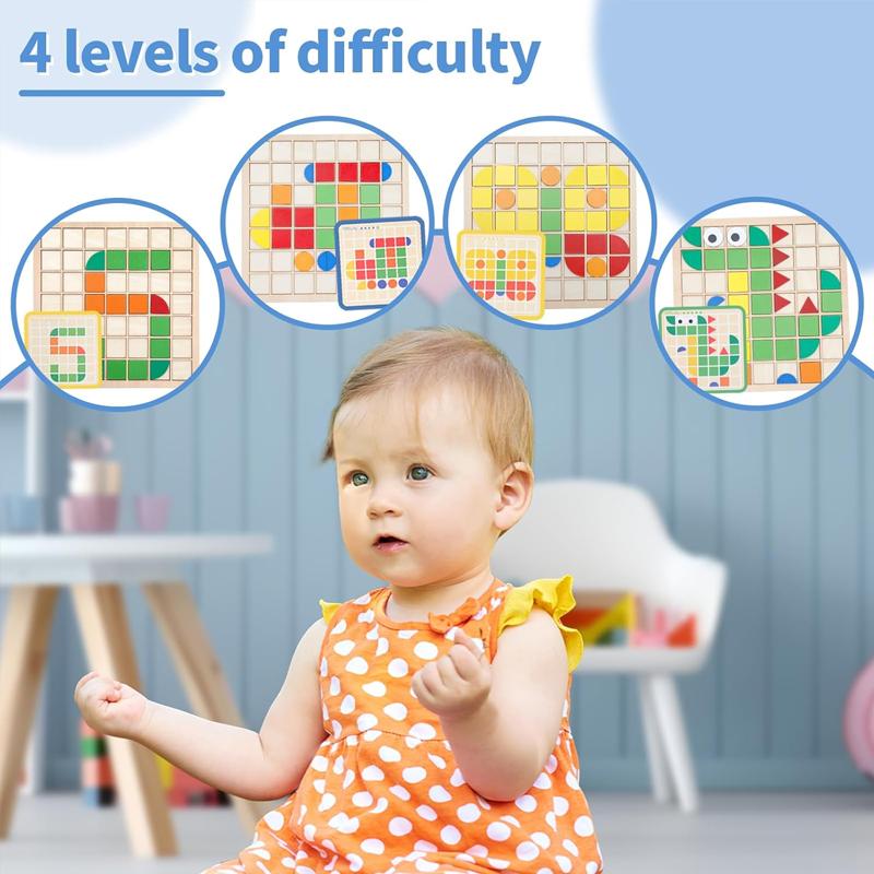 NEW Wooden Montessori PuzzleToy Mosaic Color Shapes Sensory Game Early Educational Toy Jigsaw Pattern Blocks for Toddler's Gifts