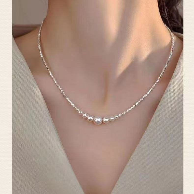 Broken silver pearl necklace simple French high-end light luxury girlfriend Valentine's Day girlfriend gift