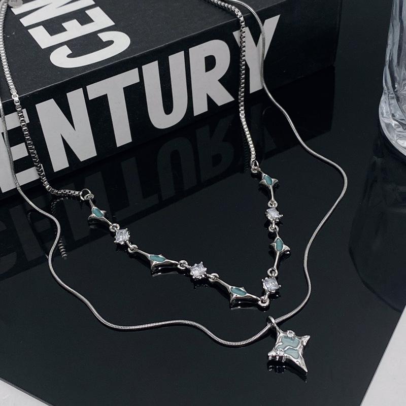 Double layered wearing blue dripping oil four-pointed star zircon splicing necklace women's summer ins niche design collarbone chain