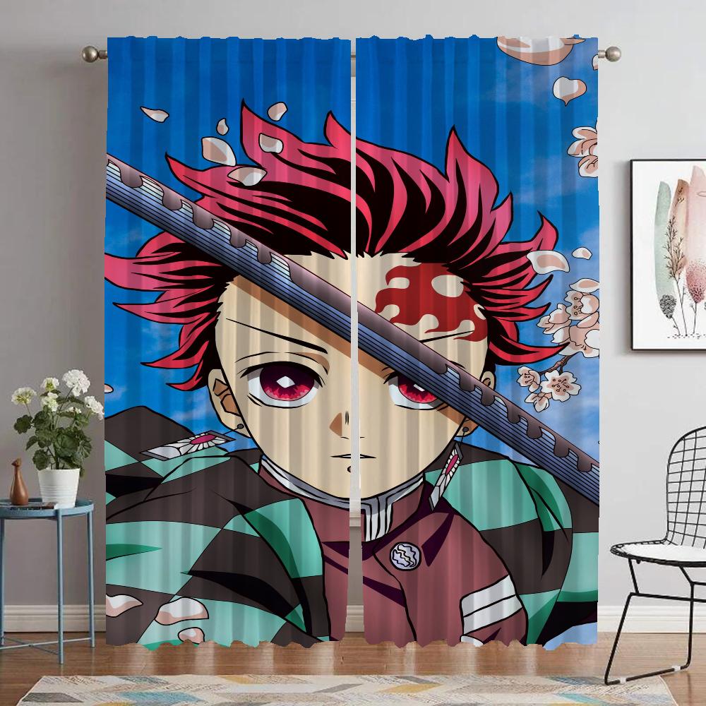 Vorhänge für Wohnzimmer, Vorhang Demon Slayer, Innenvorhänge, 2-teilig, Tüll für Schlafzimmer, Jalousien, Halloween-Dekoration