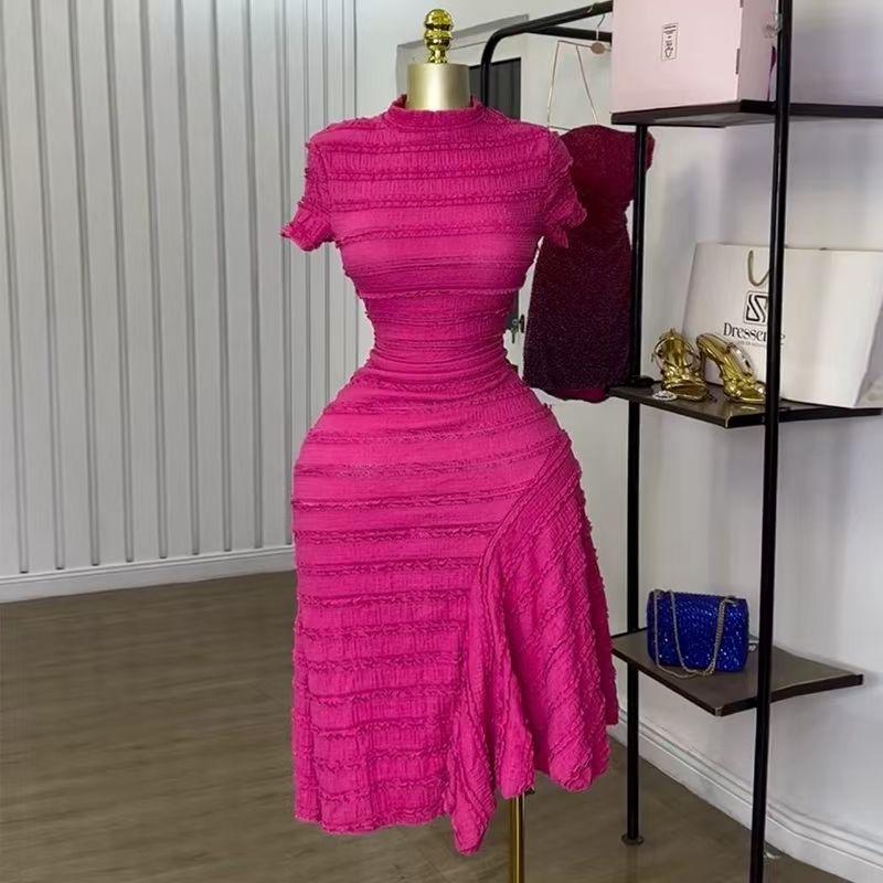 

Western Style Half-high Collar Short sleeve High Waist Dress Half High Neck Short Sleeve Dress Rose Red L