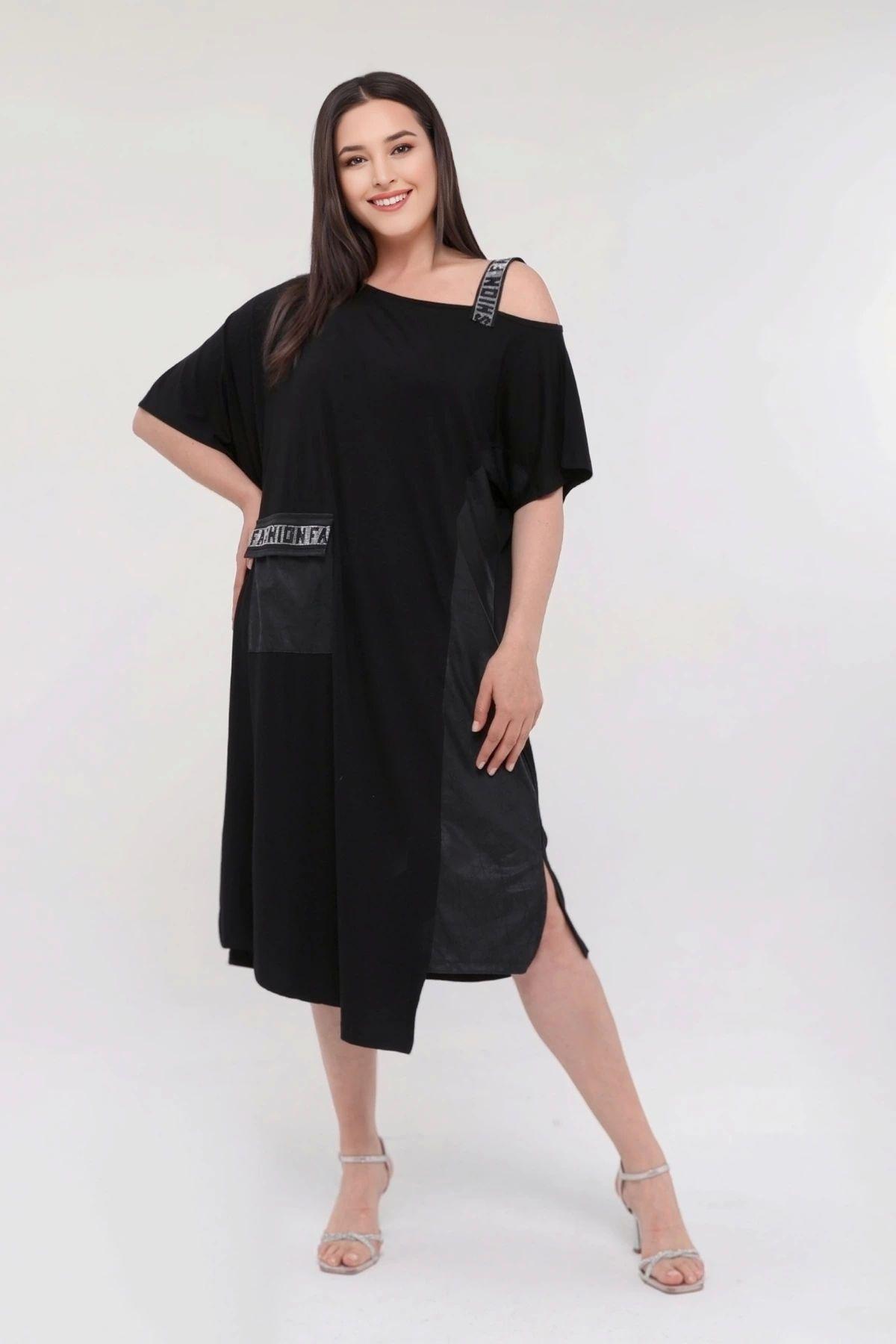 

Women s Big Size Dress Single Strap Skirt Dress with Faux Leather Detail