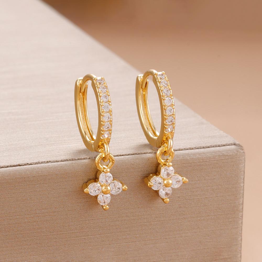 Luxury Stainless Steel Small Dangle Earrings Crystal Zirconia Flower Pendant Earrings Hypoallergenic Women's Jewelry