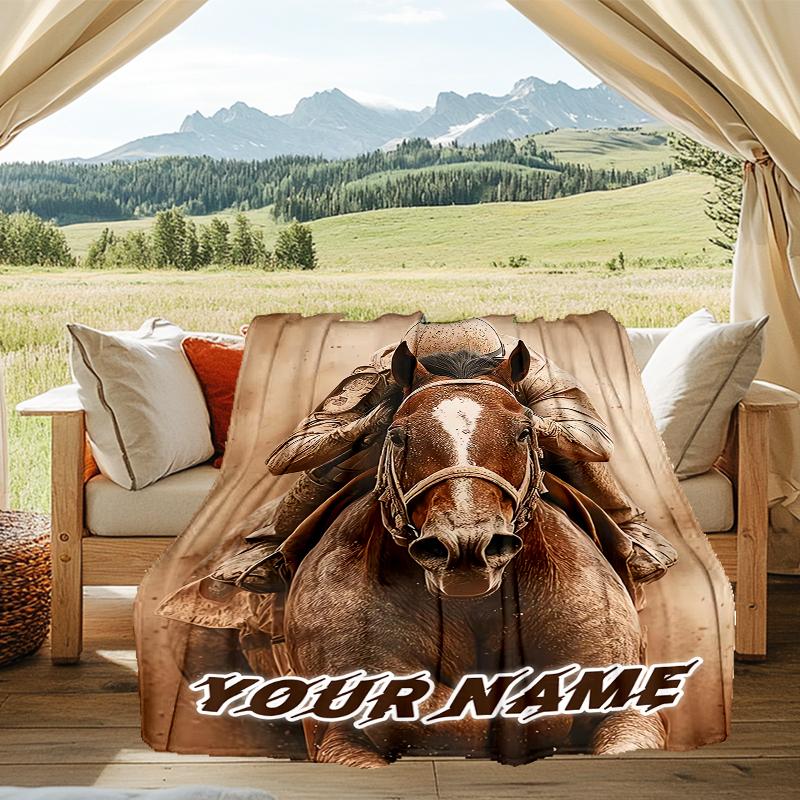 1PC Custom Name Rider Horse Action outdooor Flannel blankets Throw Blanket All-Season Throw Gift Bedspread for Couch, Bed, Camping Holiday Birthda