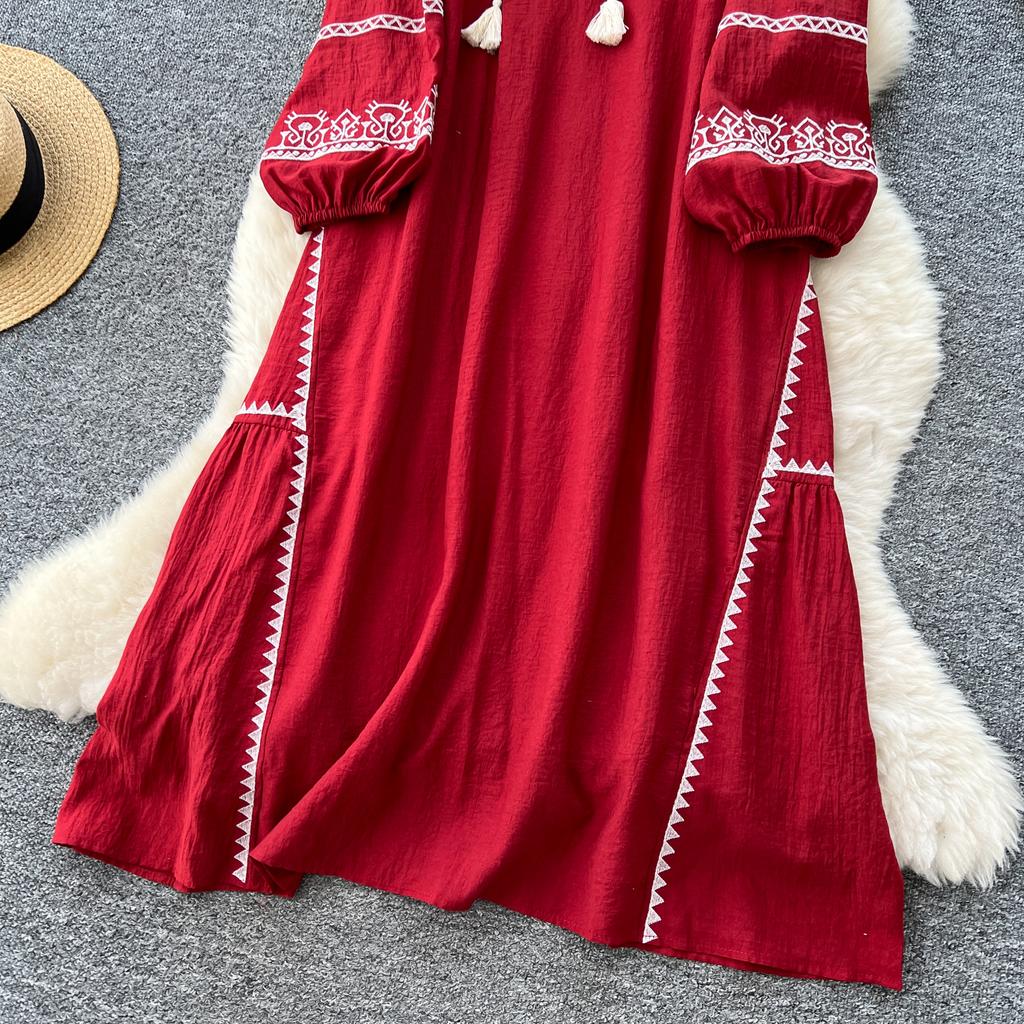 Schickes Vintage Langarm Locker Schlank Elegant Fee Koreanische Mode Boho Sommerkleid Damenbekleidung Langes Kleid