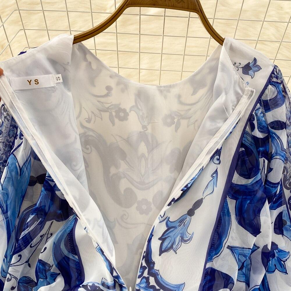 Retro Palace Wind Round Collar Bell Sleeve Loose Blue and White Porcelain Printed  Dress Elegant Temperament Large Skirt