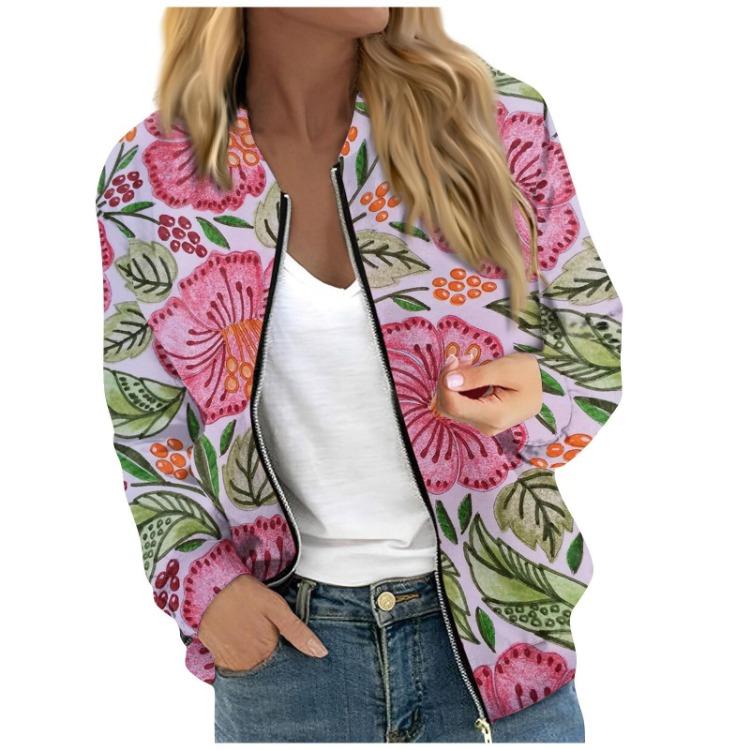 Women Floral Leaf Print Casual Long Sleeve Zipper Jacket Round Neck Fashionable