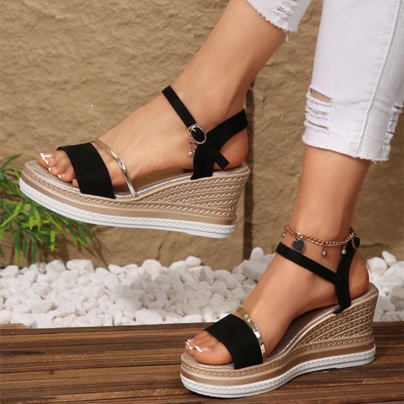 Mote Sommer Sued Metallstenger Kile Sandaler for Kvinner Åpen Tå Romerske Sandaler Plattform Justerbar Stropp Sko Kvinne Slides