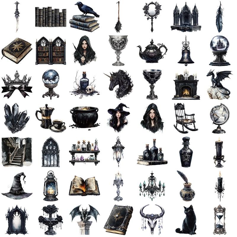 50PCS Vintage Darkness PET Sticker Aesthetic Tear Open Decoration Scrapbooking DIY Hand Accounting Stationery Supplies