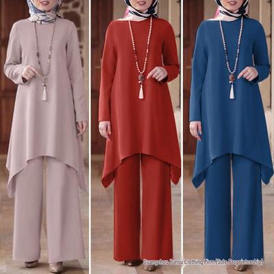 2024 Women's Modest Fashion Solid Color Pullover Midi Dress & Long Pants Set - Middle Eastern Spring/Autumn Collection