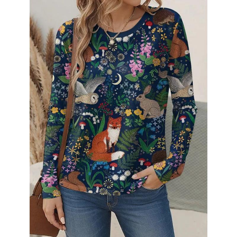 Fashion Women's Crew Neck Long Sleeve 3D Floral Color Printing Floral Long Sleeve Crew Neck T-Shirt