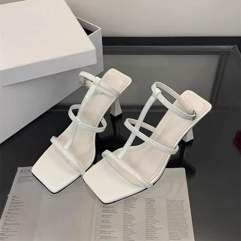 2025 Summer New Naked Pink High Heels Women's Word with Square Head Stiletto Sandals Women's Open Toes