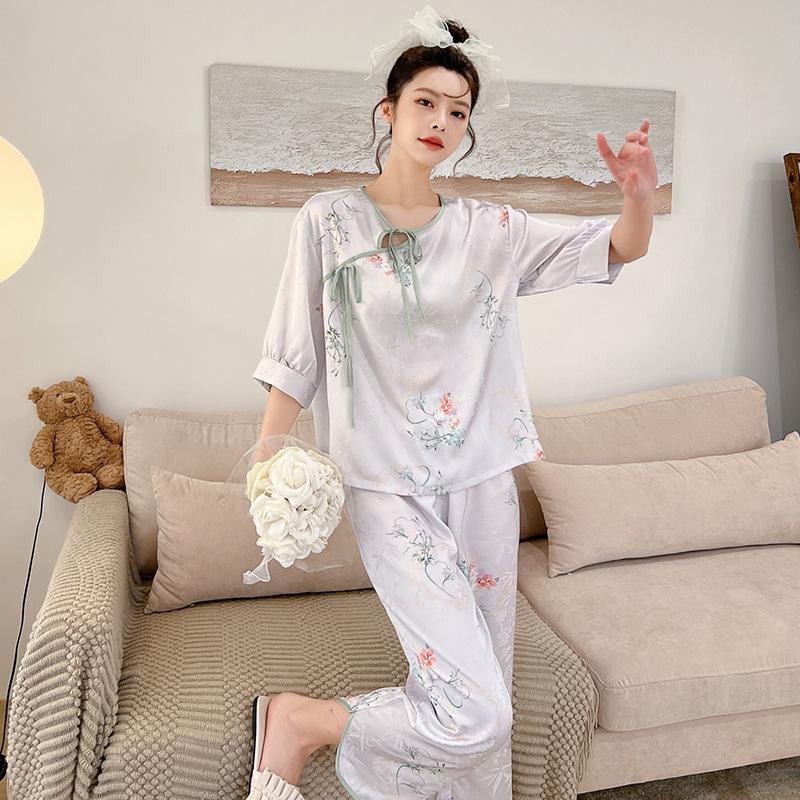 Women's pajamas new spring and summer ice silk comfortable and high-end new Chinese style loungewear set retro thin