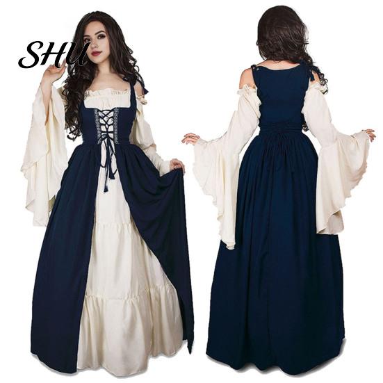 Maxikleid 1 Set Damen Raffung Rand Quadratischer Ausschnitt Enge Taille Fließende Ärmel Vintage Schnürung Patchwork Renaissance Mittelalter Hof Treu Halloween