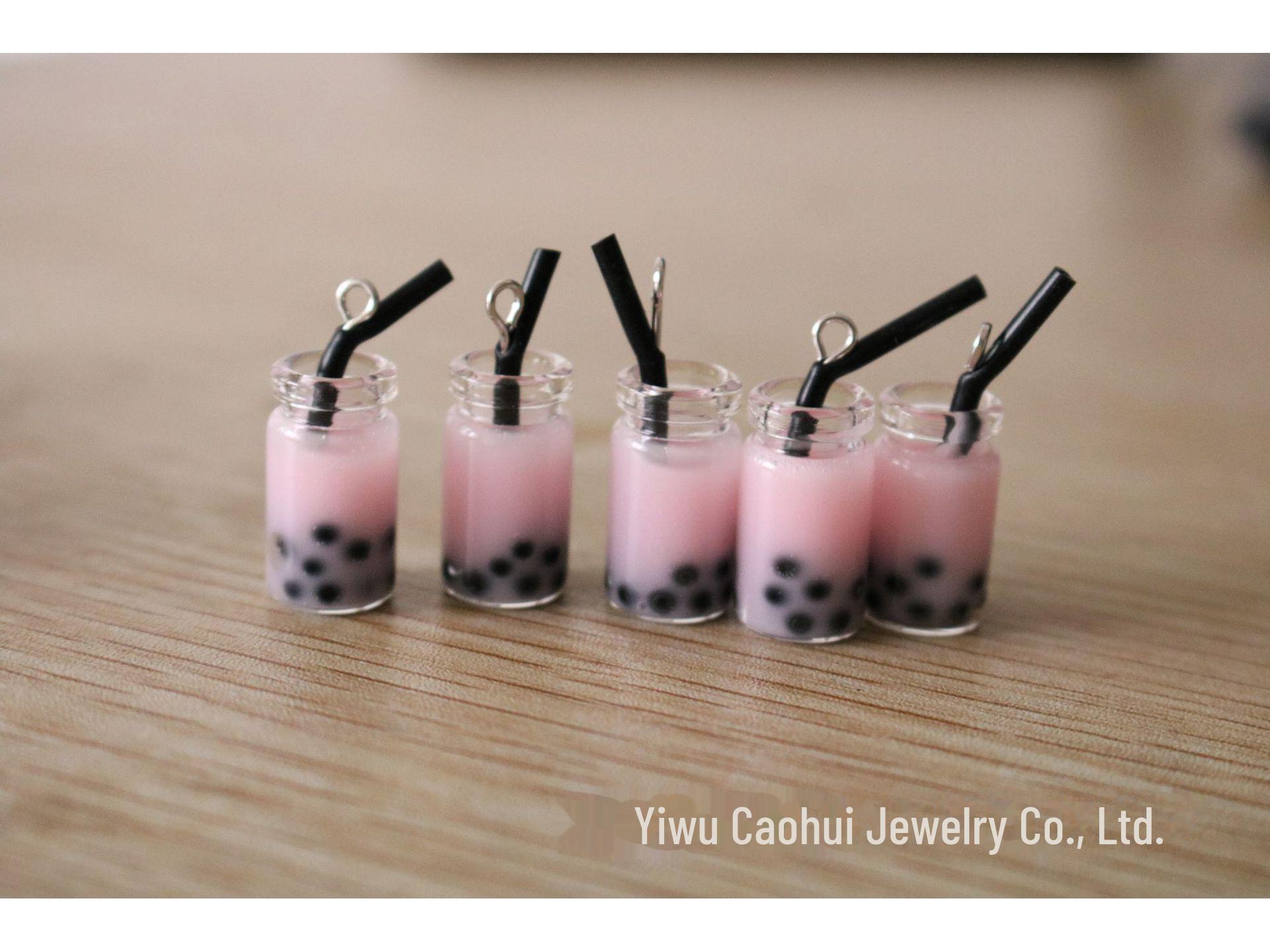 

Серьги и брелок в форме чашки молочного чая с 3D-жемчужинами - Креативные украшения из смолы White Straw without Loop