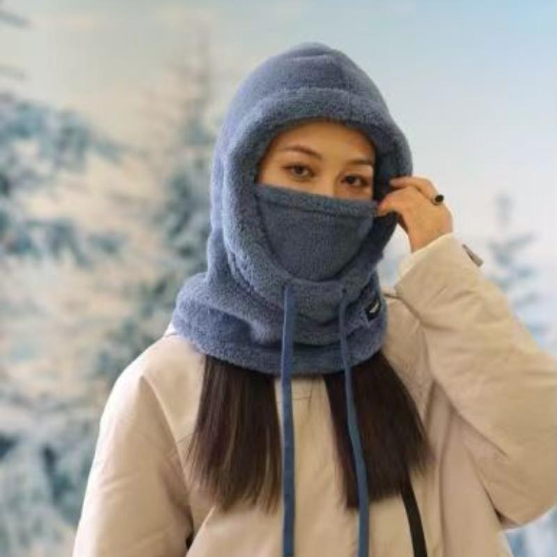 Women's Winter Thickened Plush Warm Ear Protection Hat Scarf Integrated Cap Trendy Ski Cycling Face Cover Windproof Pullover Hat
