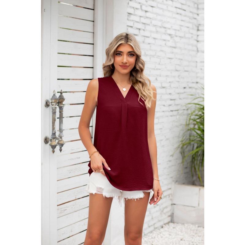 Damenmode Casual Sommer Frühling Einfarbig Druck Ärmellose V-Ausschnitt Blusen & Hemden