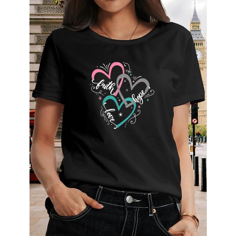 

European Size Plus-size Women S T-shirt - Faith Love Hope Letter Print | Casual Short-Sleeved Round-Neck Sweatshirt, Elegant and Romantic Top 4XL чорний