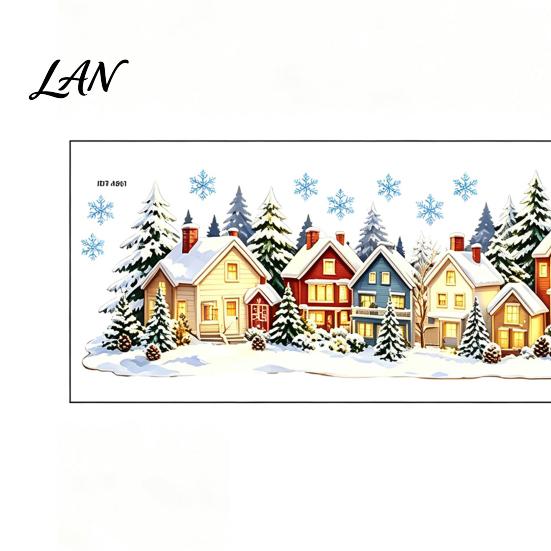 Snowy Village Wall Decals Christmas Snow Static Window Cling, Glowing Warm Scenery Sticker Winter Landscape Decoration for Glass, Snowman House Decor