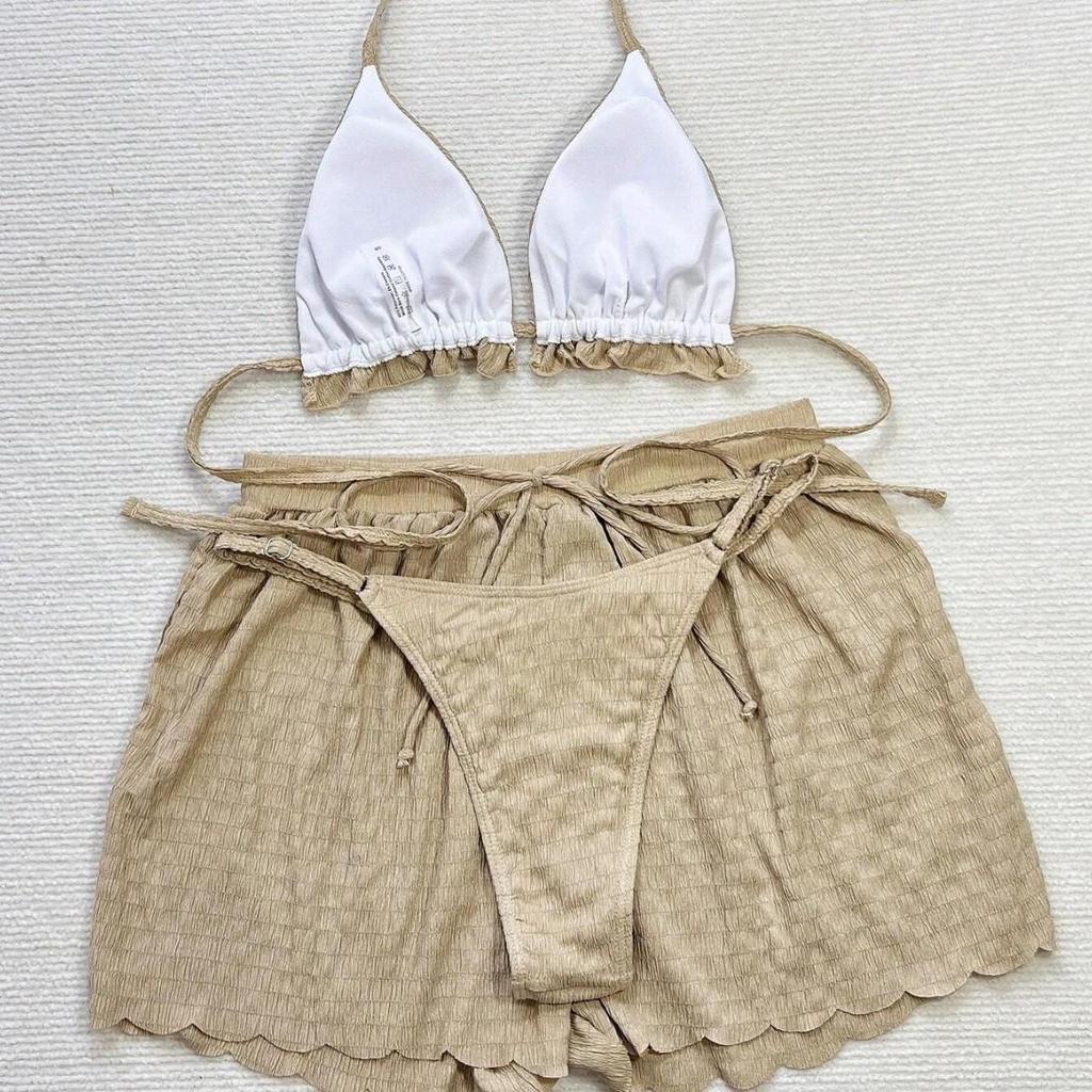 European & American Sexy Solid Color Three-Piece Bikini Set - Special Fabric Women's Beachwear for Vacation