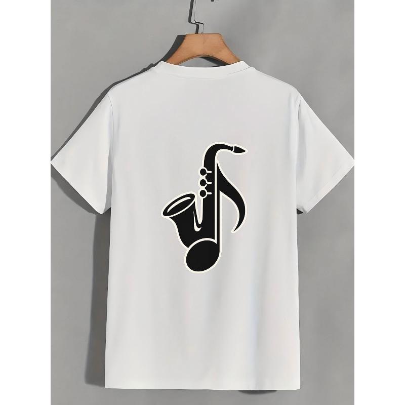 European Sizes Men's Cotton Short Sleeve Crew Neck T-Shirt, Minimalist Black & White Saxophone Musical Note Graphic Print