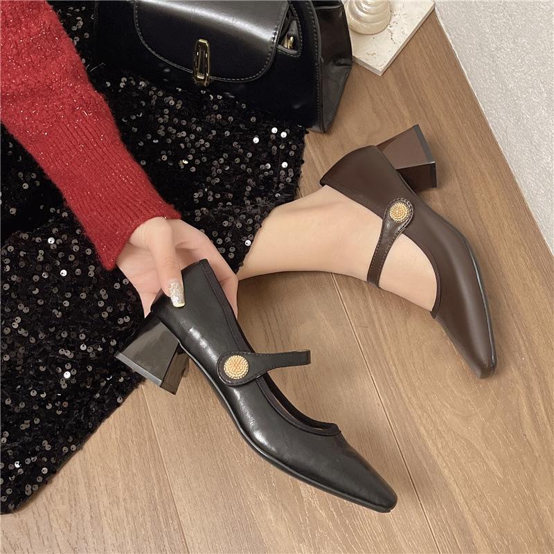 French Maillard Square Head Mary Jane Shoes 2025 Early Spring New Thick Heel One-word Buckle Single Boots Retro Women's Shoes