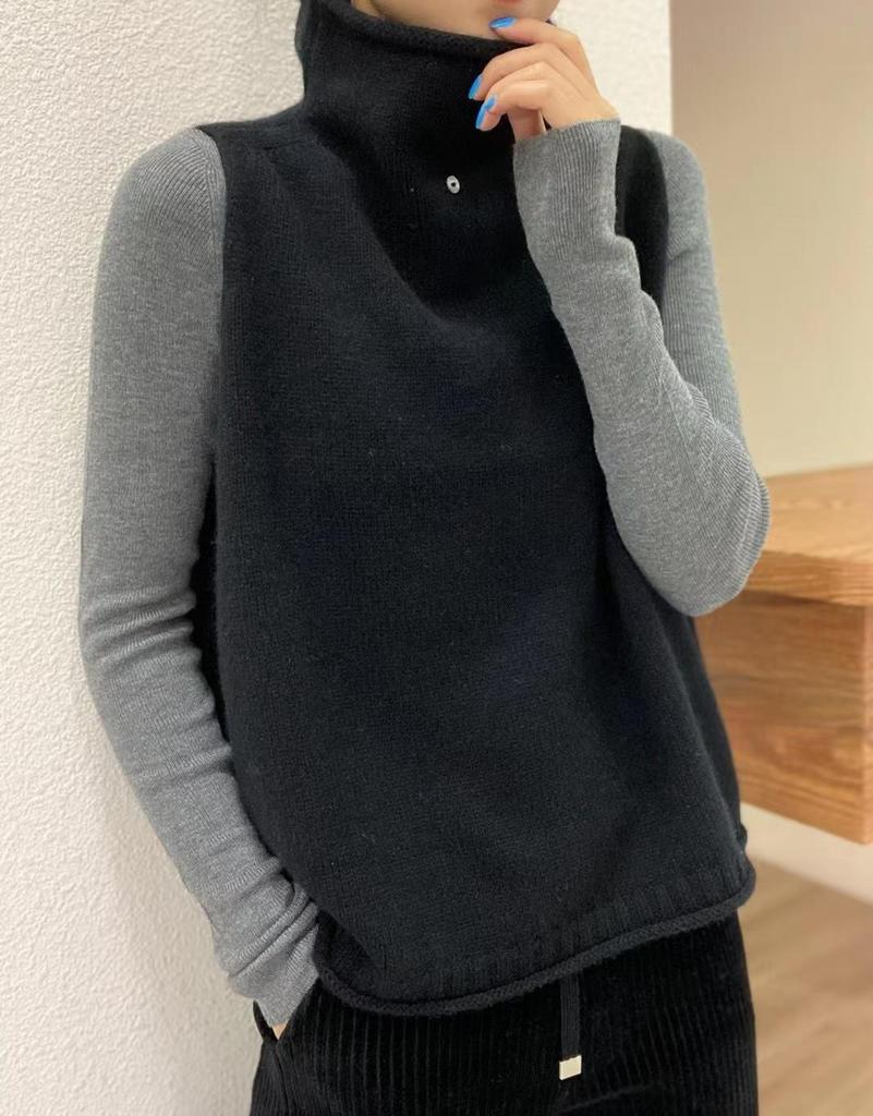 Plus Size Women's Wool Vest - Korean Style High-Neck Knitted Sweater