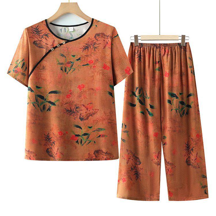 Elderly Women's Short Sleeve Summer Top & Pants Set - Lightweight Grandma Clothing