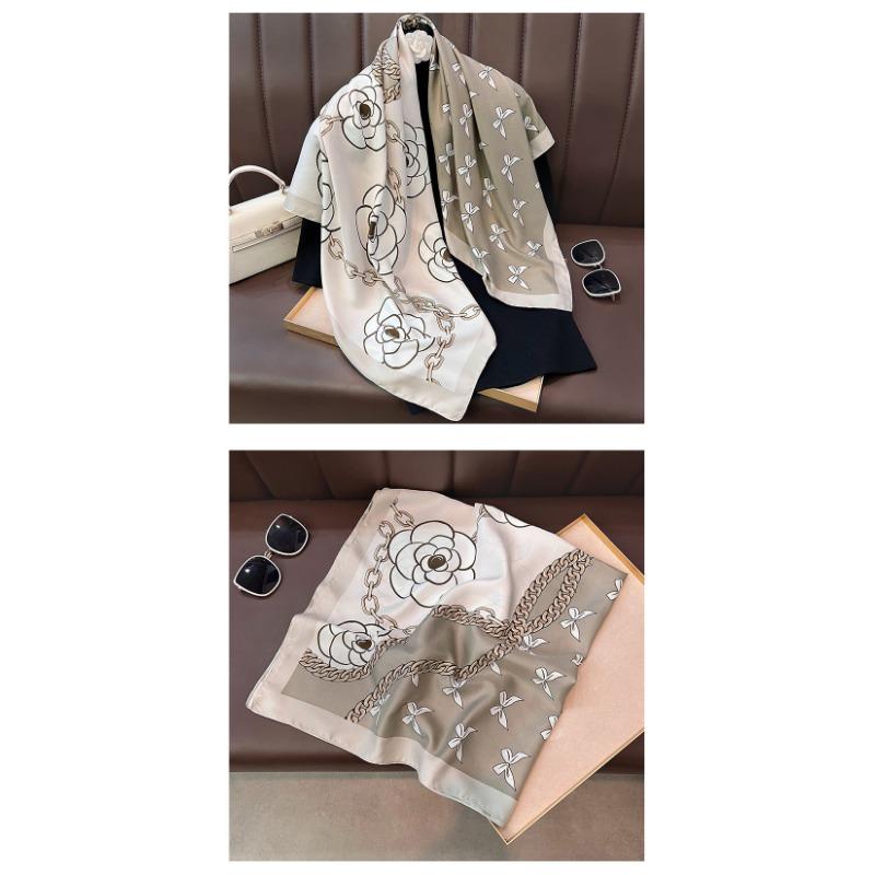 Korean Fashion Vintage Elegant Camellia Printed Square Scarf For Women