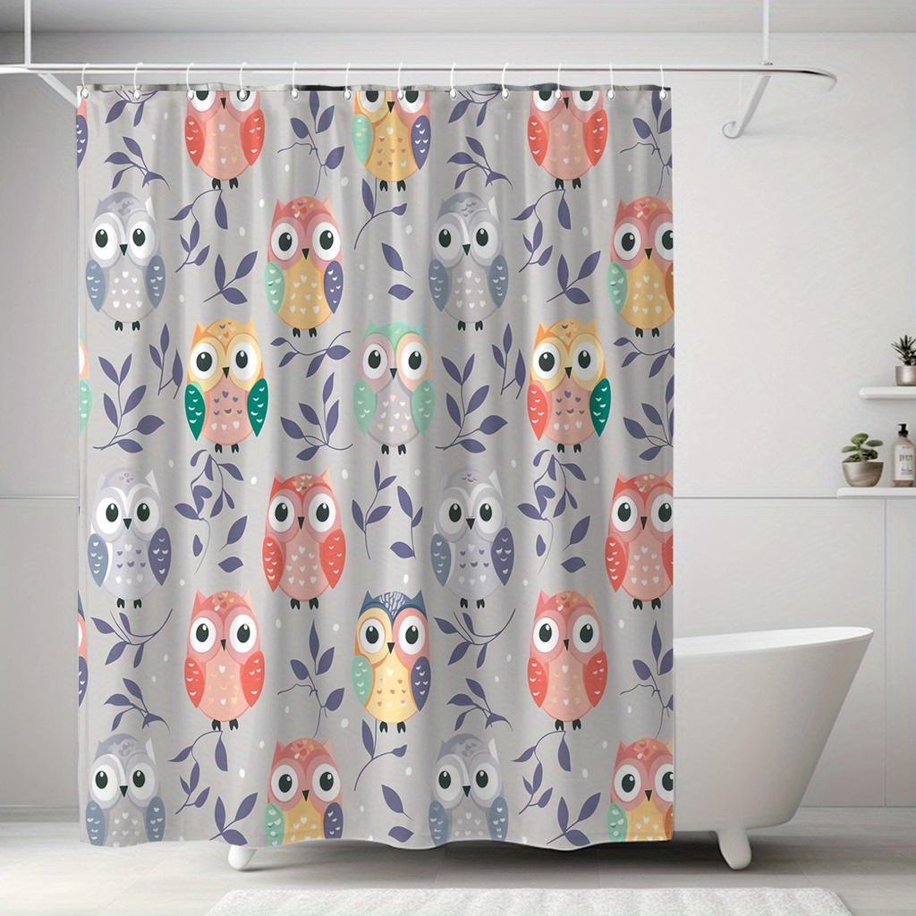 1 Stück Eulen-Aufdruck Duschvorhang - Bunte Cartoon-Eule, Polyester, 71x71 Zoll, Maschinenwaschbar, 12 Haken, Verspieltes Design