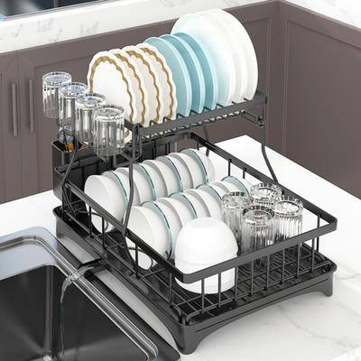 Tableware Stand Dish Drying Rack Large Capacity Double-Layer Design Anti-Rust Coating Easy Installation Dish Drainer Utensil Holder