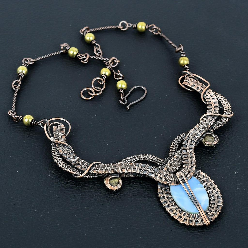 Owyhee Opal Necklace Handmade Jewelry, 999 Copper Wire Wrapped Necklace Designer Gemstone Jewelry Adjustable Chain Necklace Gift For Mom