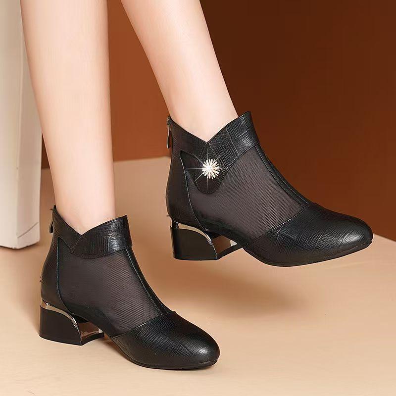 Women's Summer New Block Heel Mesh Cool Boots Soft Sole Non Slip High Top Breathable Zippers Ankle Boots Low Heel Baotou Sandals