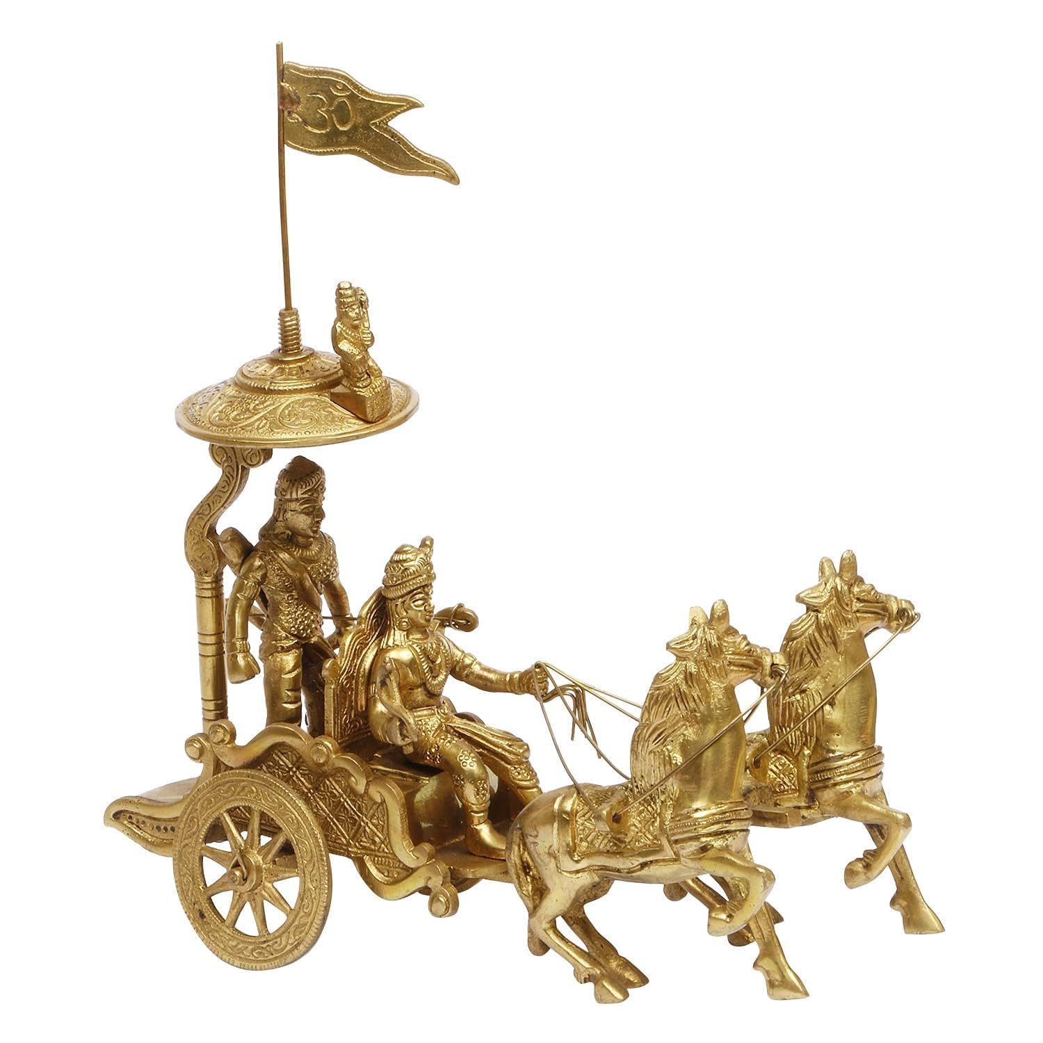 Gold Chariot With Lord Krishna, Arjuna & Lord Hanuman, Krishna Arjun Rath Idol